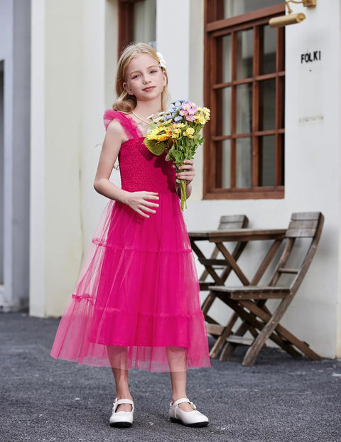 Arshiner Tween Girls Dress Ruffle Sleeve Elastic Straps Smocked Tulle Sundress