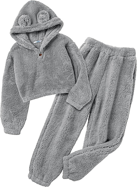 Arshiner Girls 2 Piece Outfits Fuzzy Bear Ear Hoodie Sweatshirt and Pant Sets