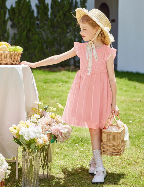 【2-8Y】Arshiner Toddler Lace Tutu Dresses Ruffle Sleeve 3 Layers Tulle Flower Dress