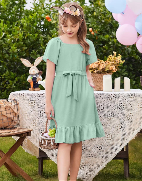 Arshiner Girls Dresses Kids Square Neck Ruffle Hem Belted Dress