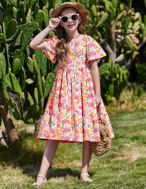 Arshiner Girls Dress Boho Smocked Swing Flowy Ruffle Midi Dresses
