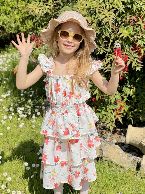 [6-14Y] Arshiner Girls Dresses Ruffle Flutter Sleeve Floral Tiered Party Dress