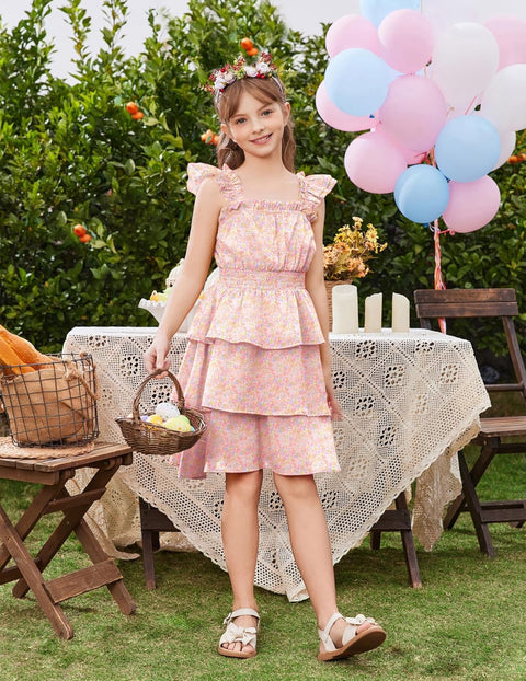[6-14Y] Arshiner Girls Dresses Ruffle Flutter Sleeve Floral Tiered Party Dress