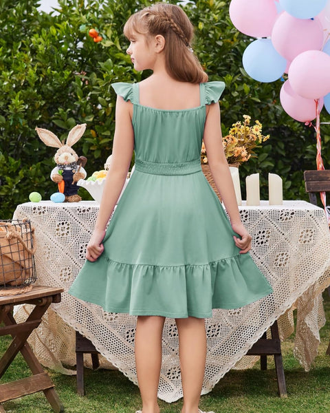 Arshiner Girls Dress Casual Flutter Sleeve Tiered Midi Sundress
