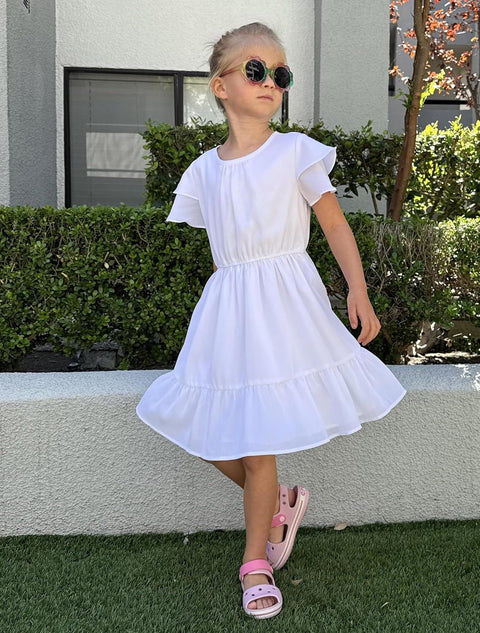 Arshiner Girls Dresses Formal Ruffle Sleeve Chiffon Pleated Dress