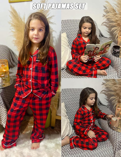 Arshiner Pajamas Set for Girls Plaid Long Sleeve Lounge Set