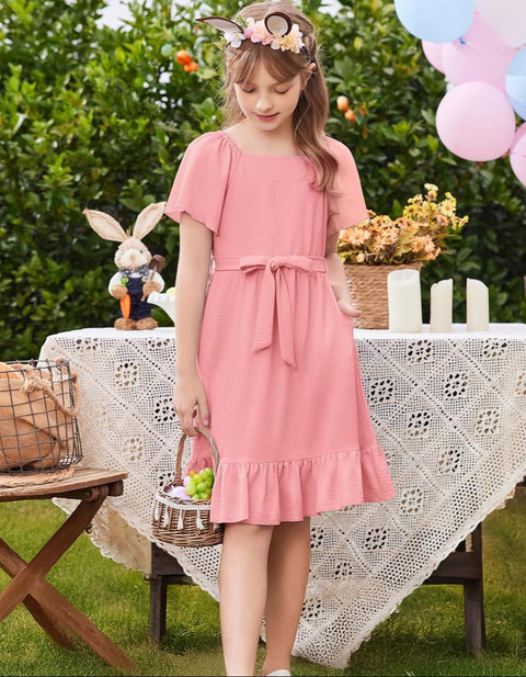 Arshiner Girls Dresses Kids Square Neck Ruffle Hem Belted Dress