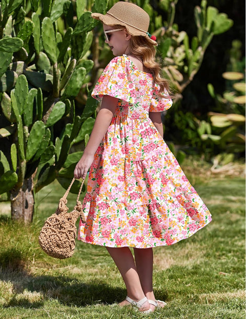 Arshiner Girls Dress Boho Smocked Swing Flowy Ruffle Midi Dresses