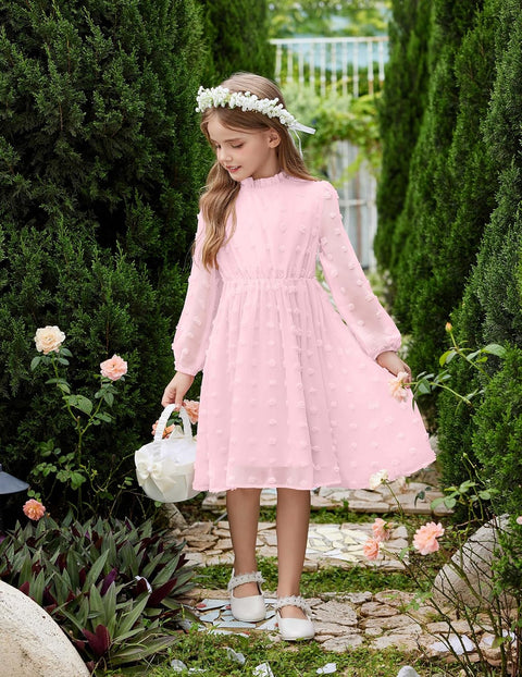Arshiner Girls Dress Long Sleeve Swiss Dot Ruffle Collar Flowy A-Line Party Dress for Kids 5-13Y