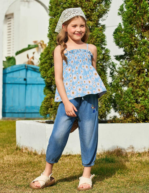 【2-8Y】Arshiner Toddler Girls 2 Piece Outfits Ruffle Hem Camisole & Shorts Set
