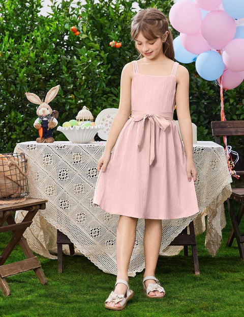 Arshiner Girls Cami Sleeveless Bow Tie Casual Sundress with Pockets for 5-12Y