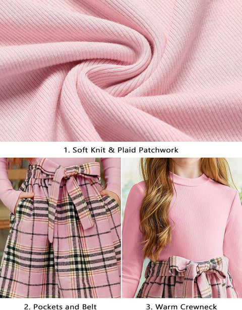Arshiner Girls Dresses Long Sleeve Rib Knit Plaid Patchwork Belted Dress