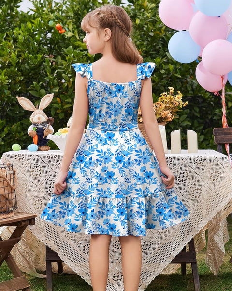 Arshiner Girls Dress Casual Flutter Sleeve Tiered Midi Sundress