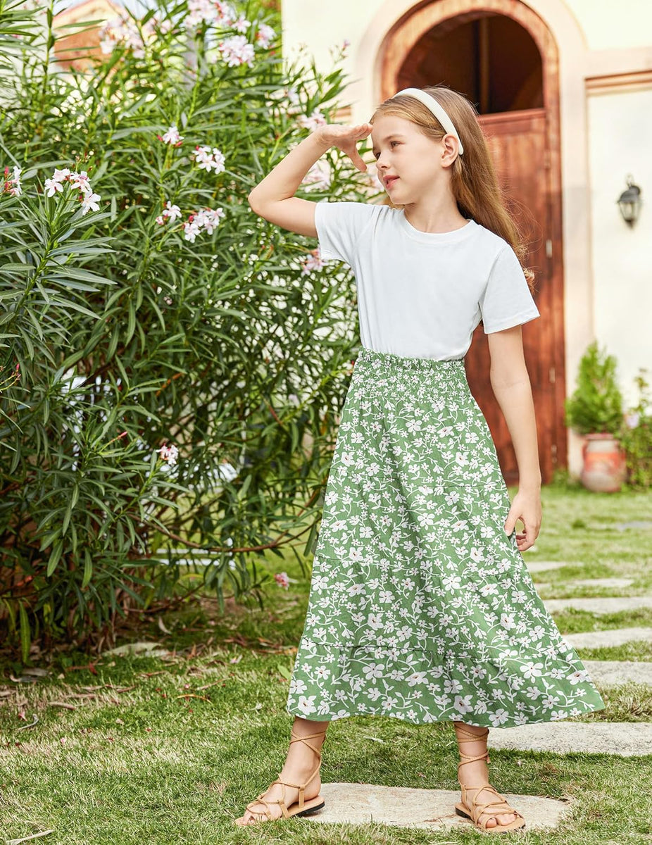 Arshiner Girls Maxi Skirt Summer Linen High Waist Tiered Boho Skirts w ...