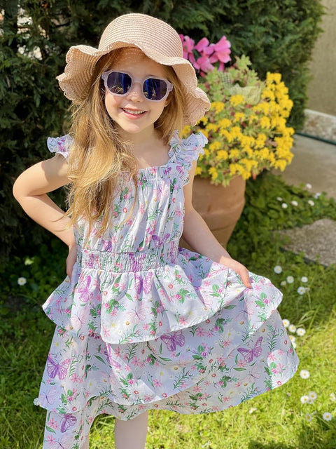 [6-14Y] Arshiner Girls Dresses Ruffle Flutter Sleeve Floral Tiered Party Dress