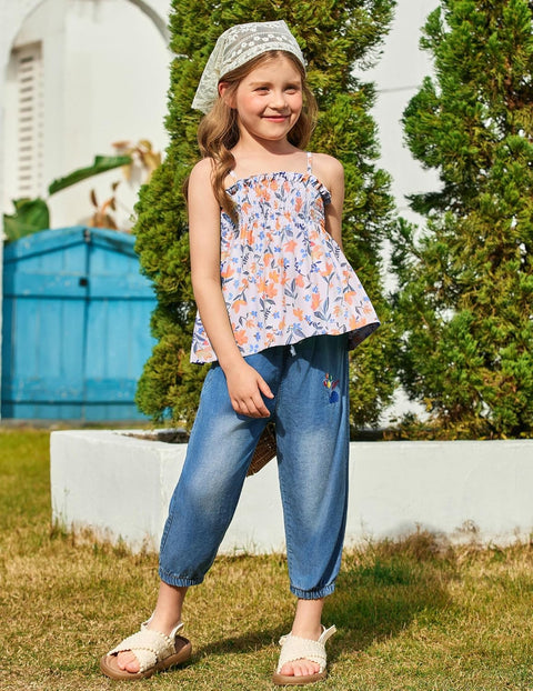 【2-8Y】Arshiner Toddler Girls 2 Piece Outfits Ruffle Hem Camisole & Shorts Set