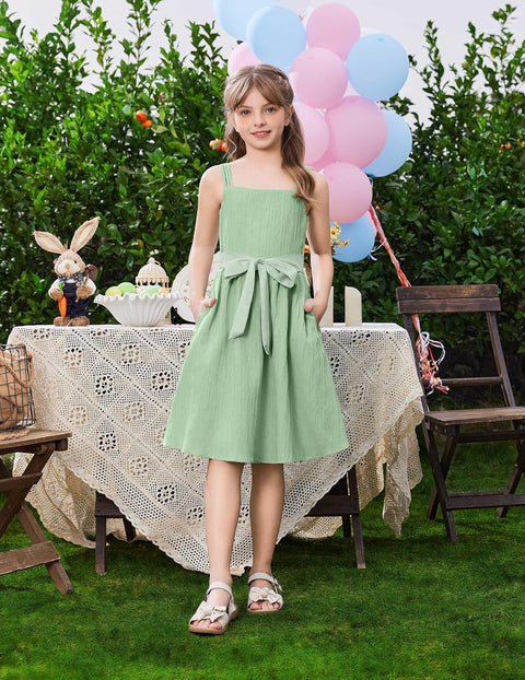Arshiner Girls Cami Sleeveless Bow Tie Casual Sundress with Pockets for 5-12Y