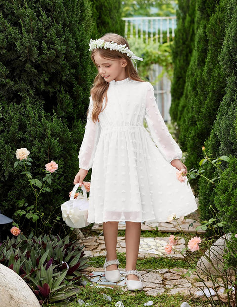 Arshiner Girls Dress Long Sleeve Swiss Dot Ruffle Collar Flowy A-Line Party Dress for Kids 5-13Y