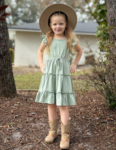 Arshiner Girl's Dress Ruffle Sleeve Tiered Dresses with Pockets 5-12 Years