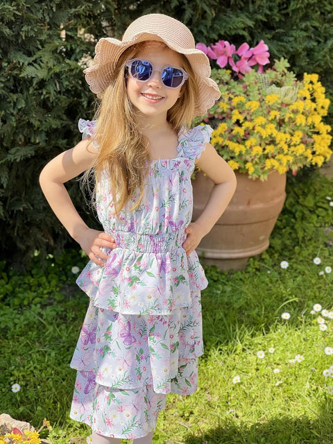 [6-14Y] Arshiner Girls Dresses Ruffle Flutter Sleeve Floral Tiered Party Dress