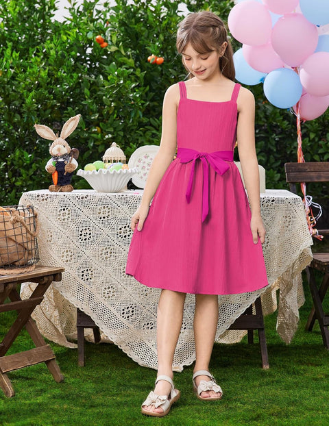 Arshiner Girls Cami Sleeveless Bow Tie Casual Sundress with Pockets for 5-12Y