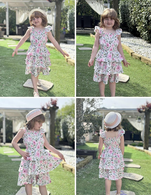 [6-14Y] Arshiner Girls Dresses Ruffle Flutter Sleeve Floral Tiered Party Dress