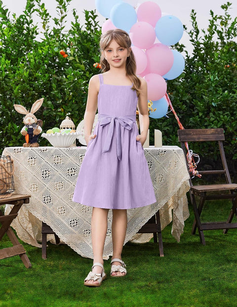 Arshiner Girls Cami Sleeveless Bow Tie Casual Sundress with Pockets for 5-12Y