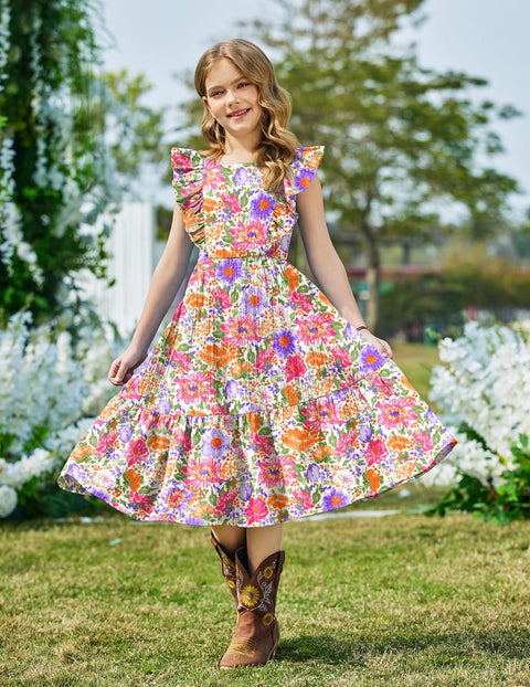 Arshiner Girls Tie Back Dress Tween Boho Flutter Sleeve Maxi Dresses