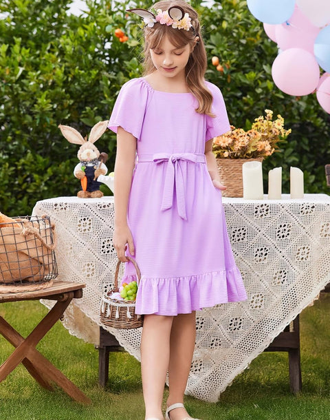 Arshiner Girls Dresses Kids Square Neck Ruffle Hem Belted Dress