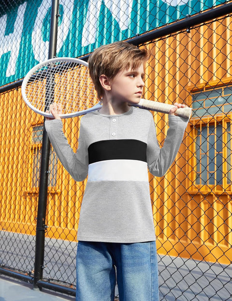 Arshiner Kids Boys Henley Shirts Cotton Long Sleeve T-Shirts Color Block Tee