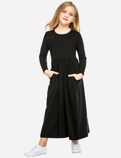 Arshiner Girls Long Sleeve Solid Loose Casual Maxi Dress