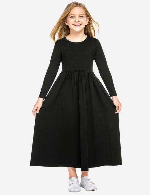 Arshiner Girls Long Sleeve Solid Loose Casual Maxi Dress