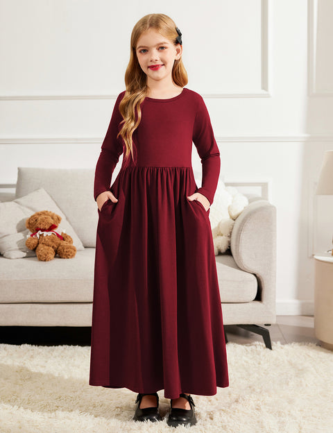 Arshiner Girls Long Sleeve Solid Loose Casual Maxi Dress
