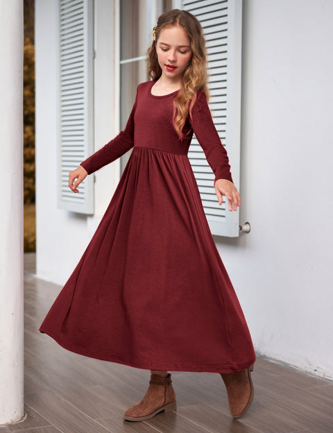 Arshiner Girls Long Sleeve Solid Loose Casual Maxi Dress