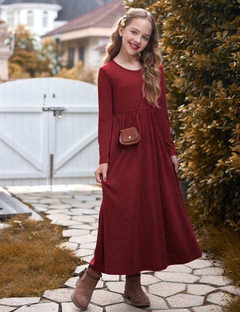 Arshiner Girls Long Sleeve Solid Loose Casual Maxi Dress