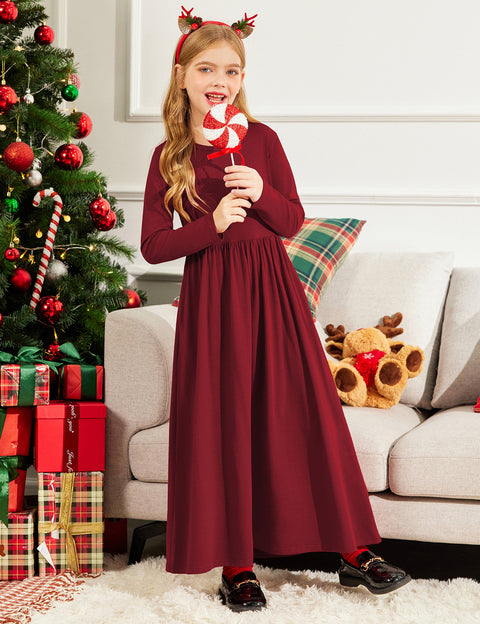 Arshiner Girls Long Sleeve Solid Loose Casual Maxi Dress