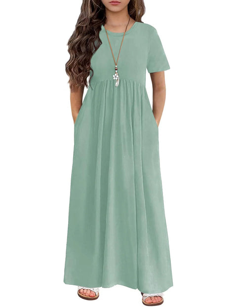 Arshiner Girls Maxi Dress Short Sleeve Casual Dress