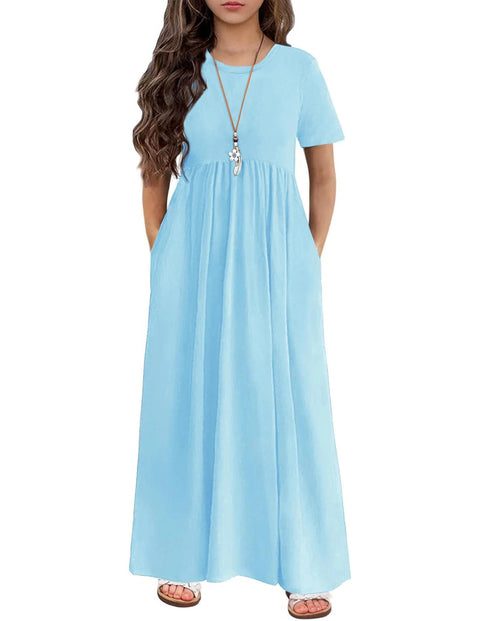 Arshiner Girls Maxi Dress Short Sleeve Casual Dress