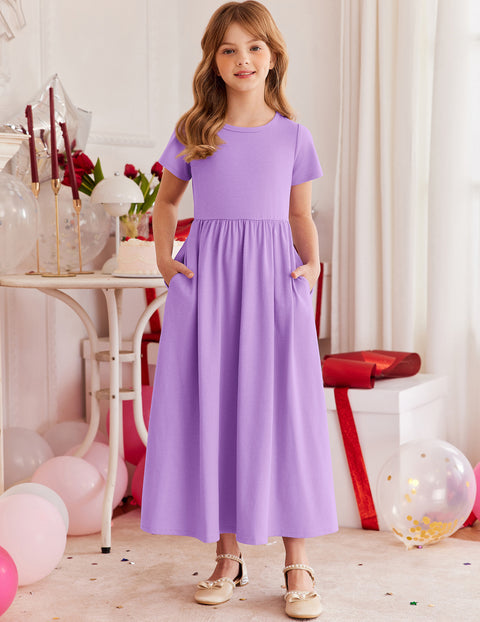 Arshiner Girls Maxi Dress Short Sleeve Casual Dress