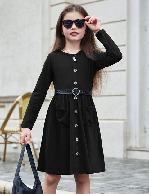 Arshiner Girl's Dresses Button Down Midi Long Sleeve Sundress