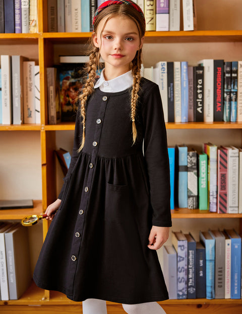 Arshiner Girl's Dresses Button Down Midi Long Sleeve Sundress