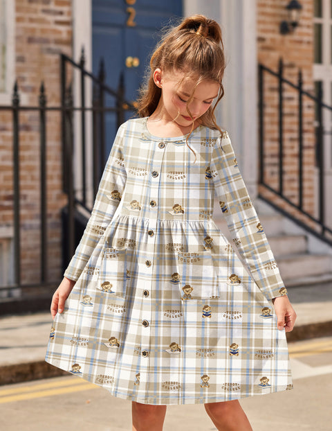 Arshiner Girl's Dresses Button Down Midi Long Sleeve Sundress