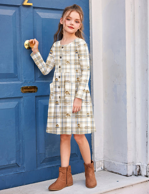 Arshiner Girl's Dresses Button Down Midi Long Sleeve Sundress