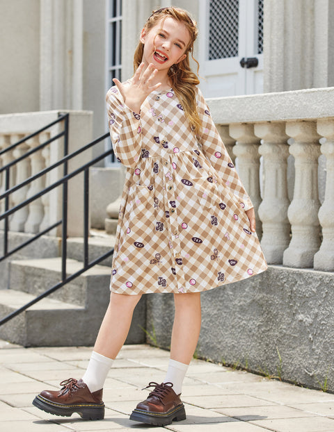 Arshiner Girl's Dresses Button Down Midi Long Sleeve Sundress