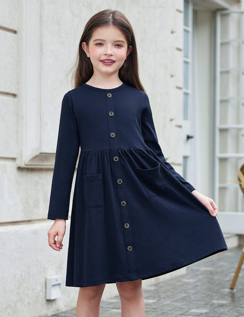 Arshiner Girl's Dresses Button Down Midi Long Sleeve Sundress
