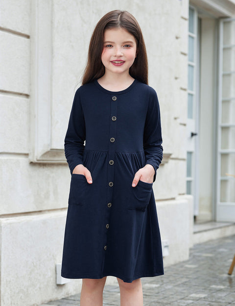 Arshiner Girl's Dresses Button Down Midi Long Sleeve Sundress