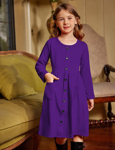 Arshiner Girl's Dresses Button Down Midi Long Sleeve Sundress