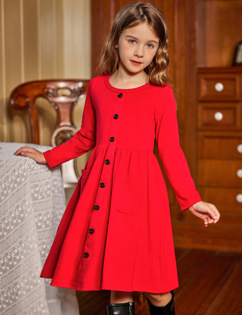 Arshiner Girl's Dresses Button Down Midi Long Sleeve Sundress