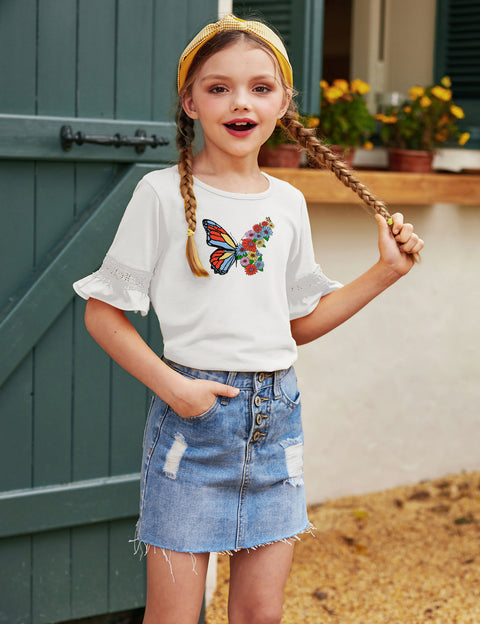 Arshiner Girls T-Shirt Kids Tunic Tops Lace Short Sleeve Loose Soft Blouse