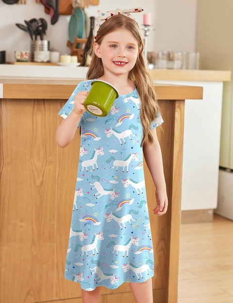 Arshiner Girls Nightgowns Short Sleeve Cartoon Pajama Dress